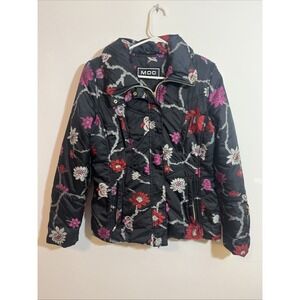 MDC Doris Pfister Floral Puffy Winter Coat Ski Snowboard Black Pink Zip Pockets